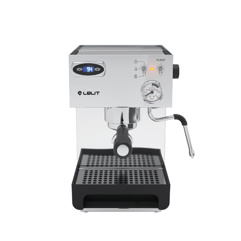 Frontbillede af Lelit Anna espressomaskine i blankpoleret stål med digital temperaturdisplay.