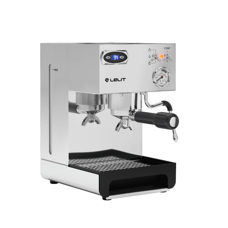 Lelit Anna espressomaskine set fra siden med portafilter og damparm.