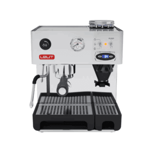 Lelit Anita espressomaskine i stål, frontbillede med bryggeenhed, manometer og display.