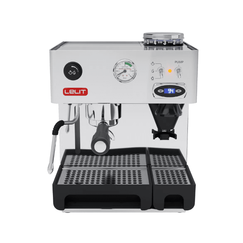 Lelit Anita espressomaskine i stål, frontbillede med bryggeenhed, manometer og display.