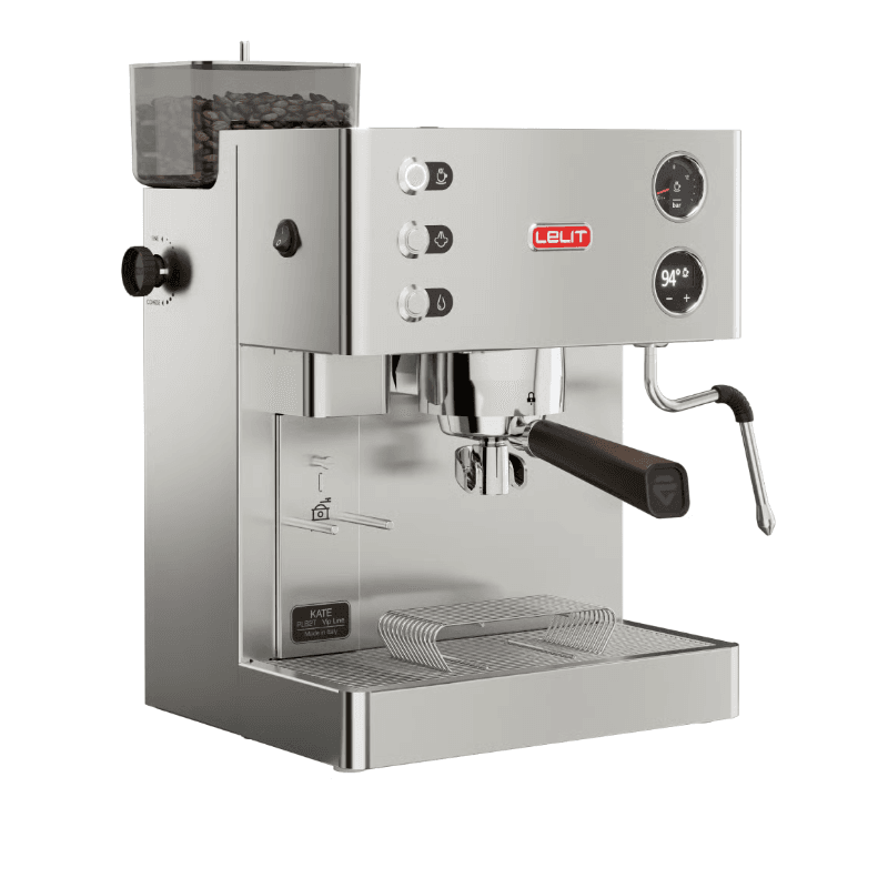 Skrå forside af Lelit Kate espressomaskine i rustfrit stål