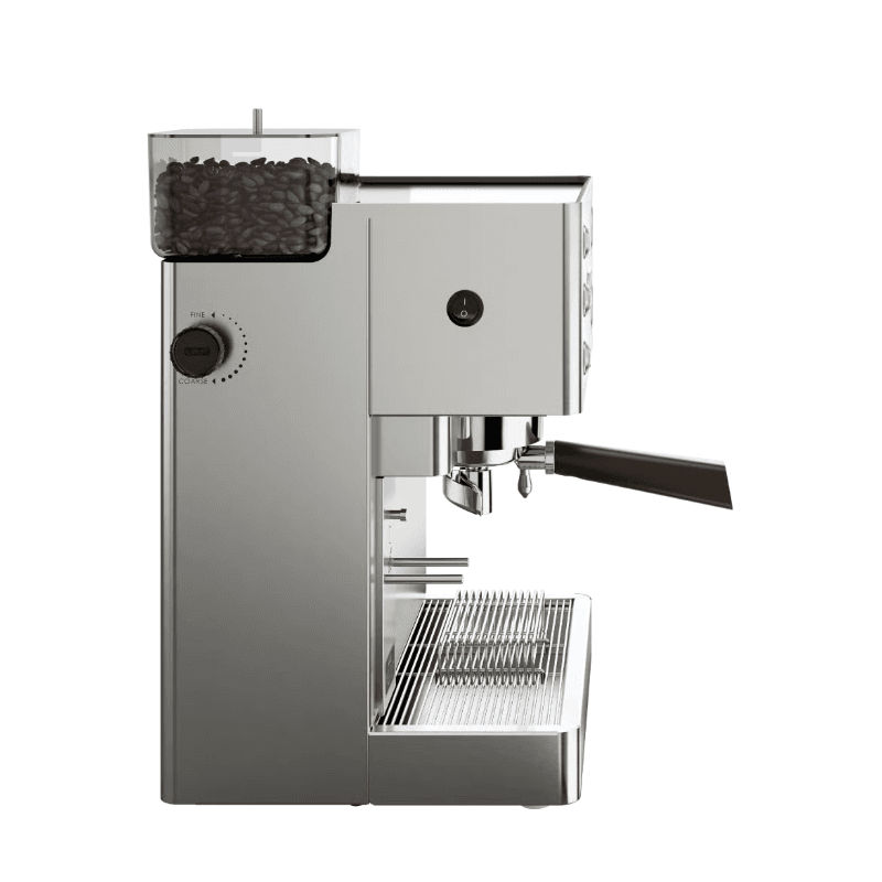 Sidebillede af Lelit Kate espressomaskine med bønnebeholder og portafilter