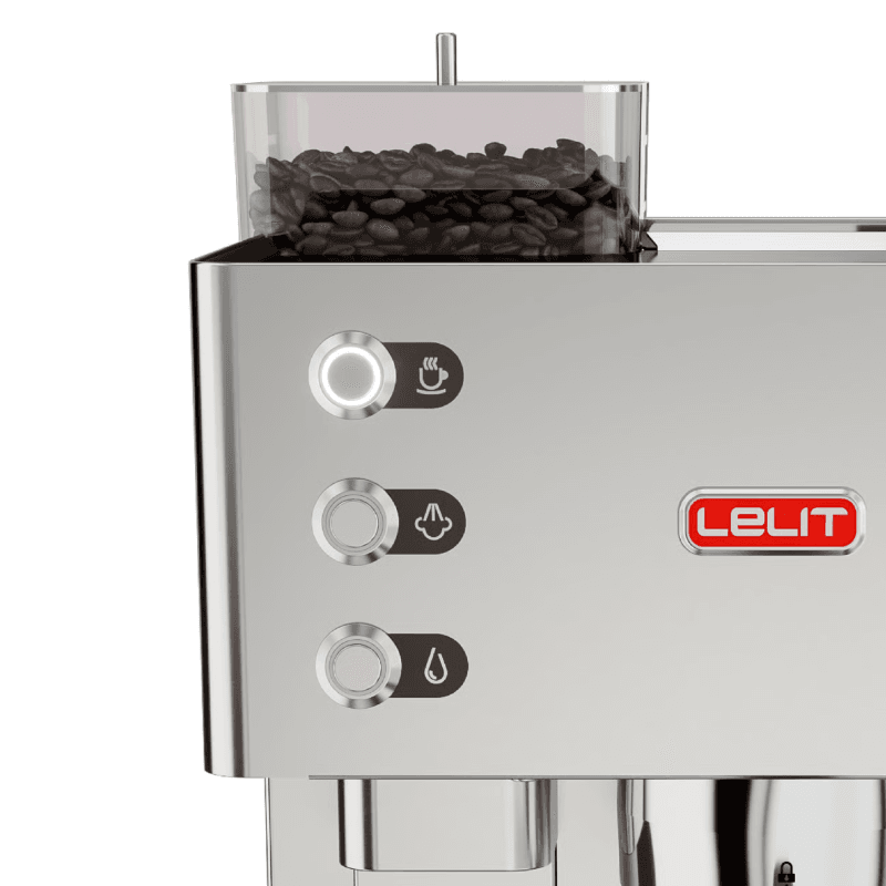 Nærbillede af betjeningsknapper og kaffebønnebeholder på Lelit Kate espressomaskine