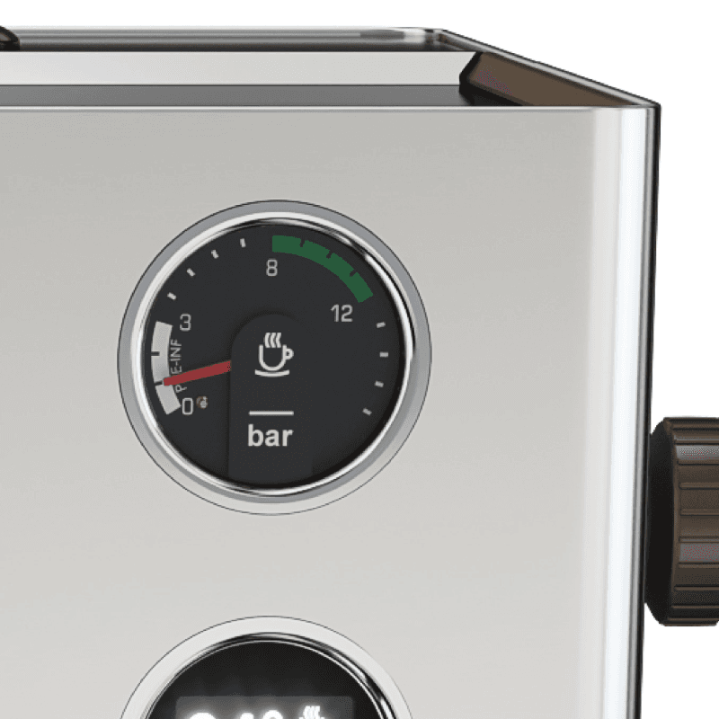 Manometer på Lelit Elizabeth PL92T, der viser trykket under brygning.