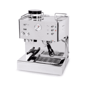Quick Mill Pegaso PID espressomaskine i rustfrit stål med trykmåler, portafilter og damparm.
