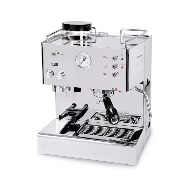 Quick Mill Pegaso PID espressomaskine i rustfrit stål med trykmåler, portafilter og damparm.