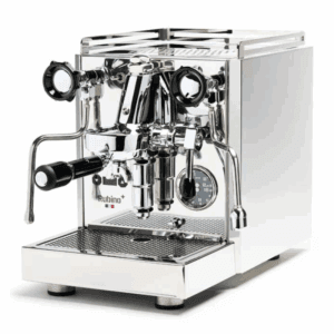 Quick Mill Rubino Plus espressomaskine i rustfrit stål set forfra med portafilter, trykmåler og damparm.