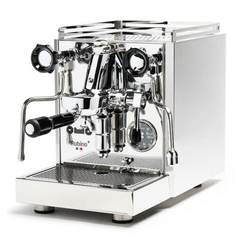 Quick Mill Rubino Plus espressomaskine i rustfrit stål set forfra med portafilter, trykmåler og damparm.