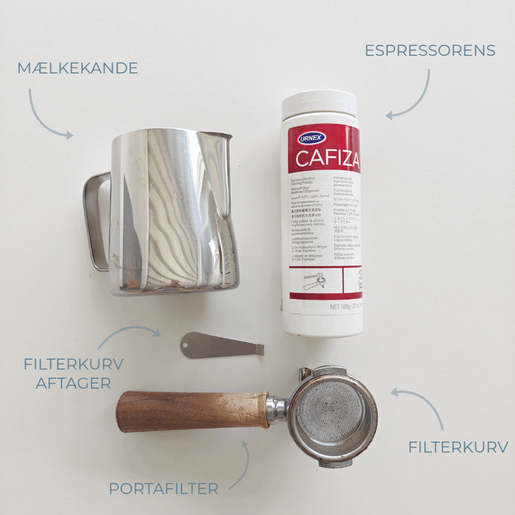 Udstyr til rengøring af portafilter: mælkekande, espressorens, filterkurv-aftager, portafilter og filterkurv.