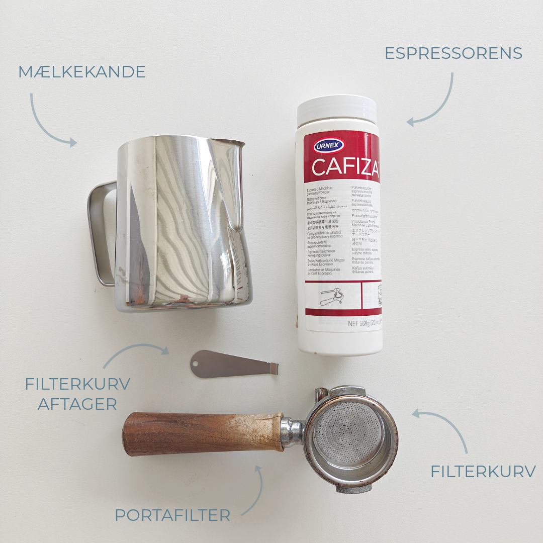 Udstyr til rengøring af portafilter: mælkekande, espressorens, filterkurv-aftager, portafilter og filterkurv.