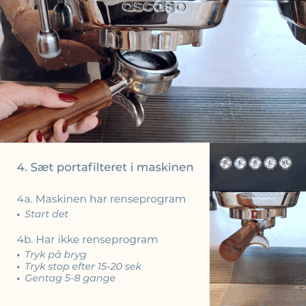 Portafilter med espressorens isat espressomaskine – instruktion om at starte renseprogram eller skylle manuelt.