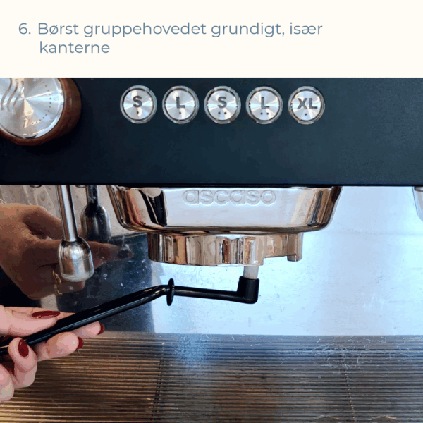 Hånd bruger rensebørste til at rengøre gruppehovedet grundigt, især ved kanterne.