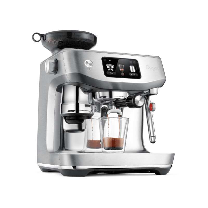 Sage the Oracle Jet espressomaskine i børstet stål med dobbeltskud espresso i glas.