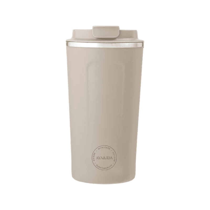 AYA&IDA Cup2Go - 500 ml termokrus i creme/beige med mat finish, sølvkant og kliklåg.
