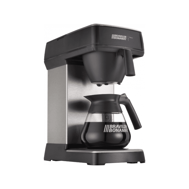 Nærbillede af Bravilor Bonomat Novo der fremhæver tragten og drypafløb over glas-kanden; viser maskinens finish og håndtag på kanden.