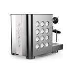 Rocket Appartamento espressomaskine i poleret stål set fra bagfra og i sideprofil; synlige ventilationshuller i sidepanelet og dampstav til højre.