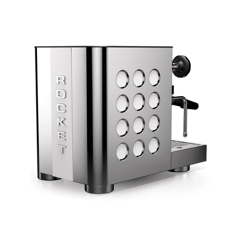 Rocket Appartamento espressomaskine i poleret stål set fra bagfra og i sideprofil; synlige ventilationshuller i sidepanelet og dampstav til højre.
