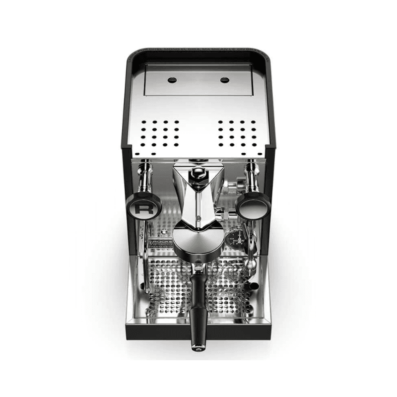 Rocket Appartamento set ovenfra/front med gruppehoved, drypbakke og kopvarmeplade; kombineret mat sort kabinet og poleret ståloverflade.