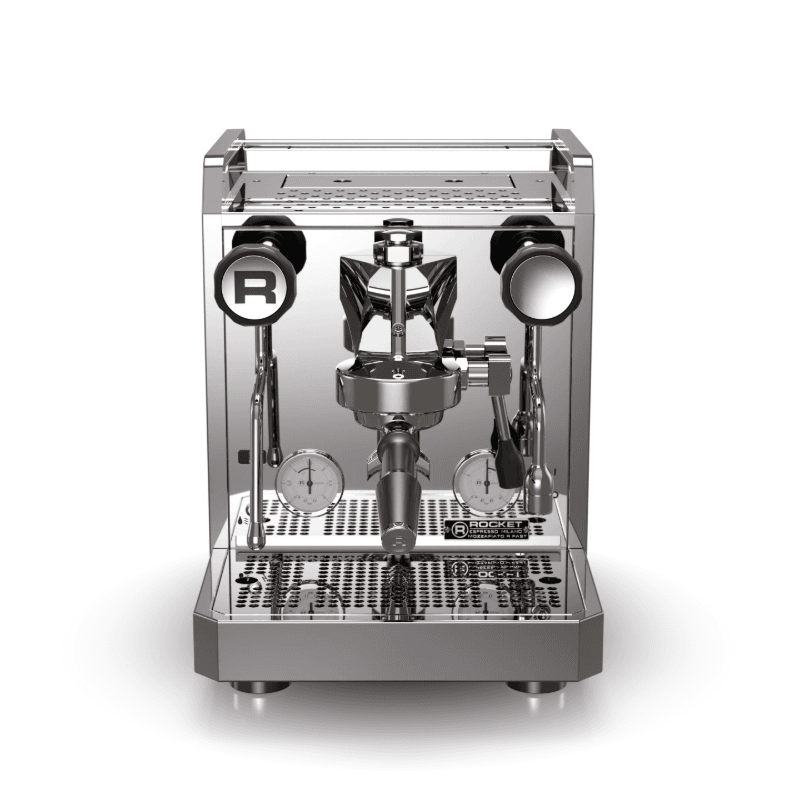 Rocket Mozzafiato Fast R espressomaskine set forfra med gruppehoved, portafilter, to runde betjeningsknapper og dobbelte manometre; højglans kromdetaljer og refleksioner i den polerede front.