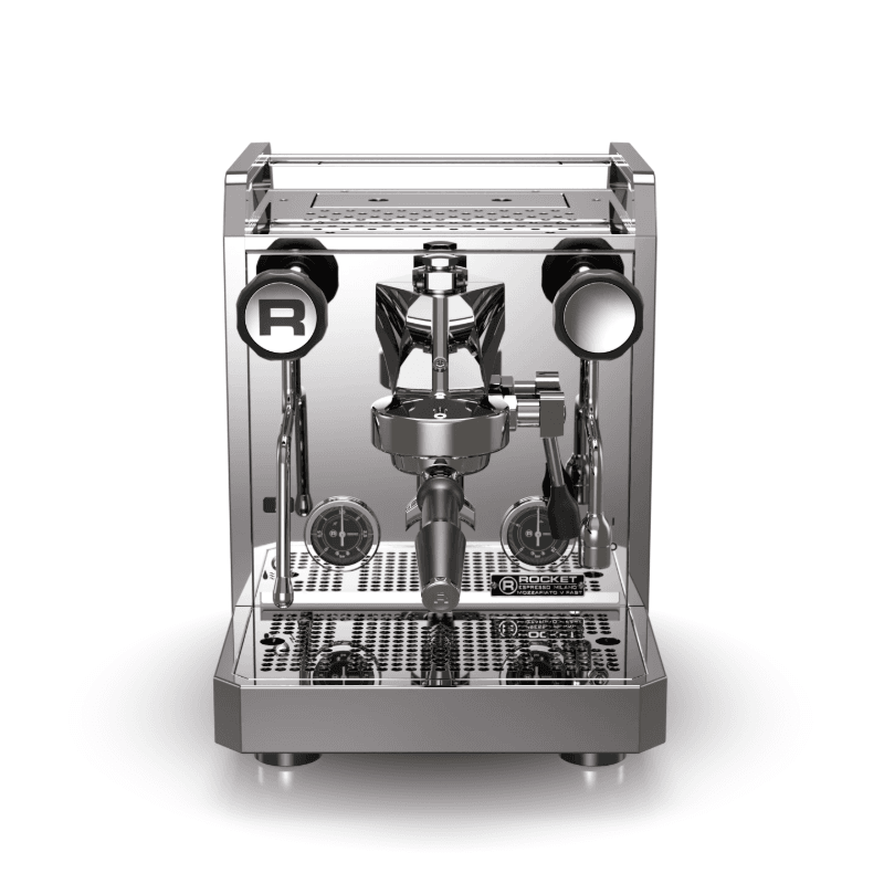 Rocket Mozzafiato V set forfra med monteret portafilter, dobbelte manometre og dampstav; højglans spejlpoleret stål og detaljer i krom.