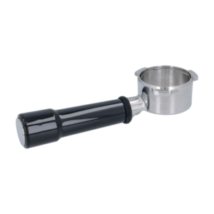 Bottomless (naked) portafilter 54 mm til Sage/Barista-maskiner med blankt rustfrit stål filterkurv og sort ergonomisk håndtag; set i skråt forfra, åbent bundstykke synligt for