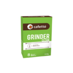 Cafetto Grinder Clean kasse 3×45g — grøn kasse med Cafetto-logo, naturbaseret pulver til rengøring af kaffekværne; effektiv, skånsom kværn-rens.