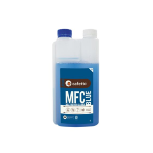 Cafetto MFC Blue 1L flaske — blå 1L flaske med målekammer til Cafetto MFC Blue mælkesystemrens til espressomaskiner.