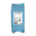 Etiopisk kaffe. Blå kaffepose med etiketten 'Etiopien', som indeholder 1000 g økologiske arabica-bønner med florale og frugtige smagsnoter, fra Mokkahouse.