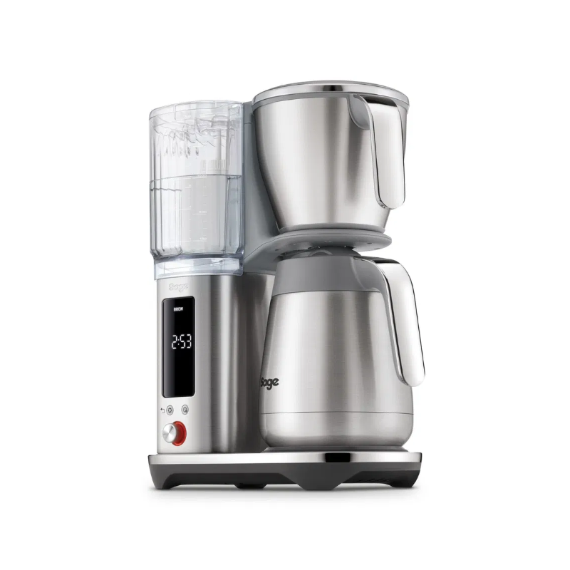 Sage Luxe Brewer Thermal nærbillede af bryggeenhed og termokande – detaljeret finish i rustfrit stål.
