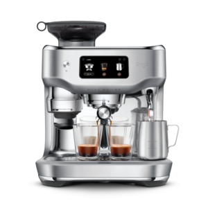 Sage Oracle Dual Boiler espressomaskine i børstet rustfrit stål set forfra – professionel dobbeltkedel og indbygget kværn til hjemmebaristaen.