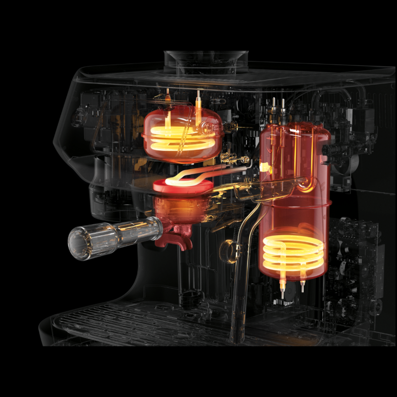 Grafisk gennemskæring af Sage Oracle Dual Boiler, der viser dobbeltkedler og varmeelementer – visualisering af varmestyring og brygteknologi.