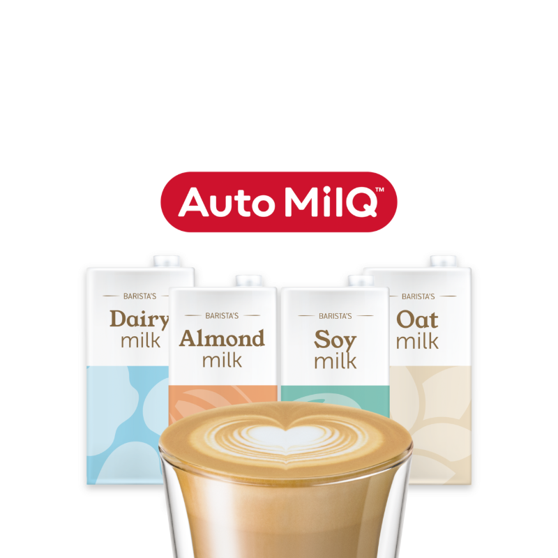 Auto-Milk kompatibilitet illustration ved Sage Oracle Dual Boiler med alternativer til komælk, havre- og plantemælk – fleksibel mælkeskumming til alle præferencer.