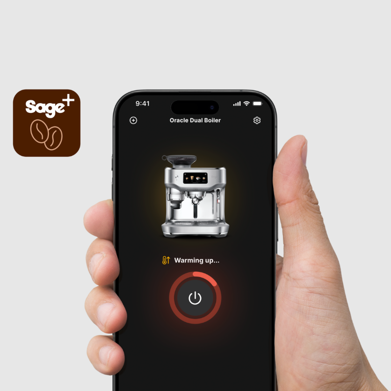 Sage+ app på smartphone viser Oracle Dual Boiler-opkobling og fjernstyring – tænd, opvarmning og profilstyring direkte fra mobilen.