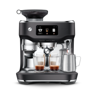 Sage the Oracle Dual Boiler sort trøffel espressomaskine set forfra med indbygget kværn, dobbelt kedel og dampstang, to espresso i glas.