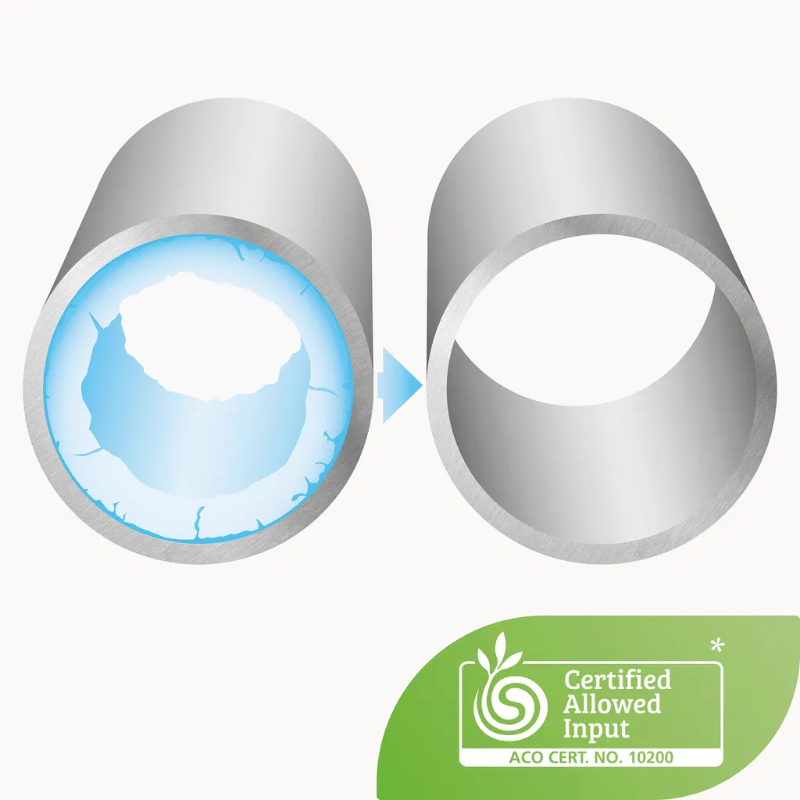 Før/efter-afkalkning – Grafisk illustration af et rør med kalkaflejringer ved siden af samme rør efter afkalkning og ACO-certificeringslogo.Før/efter-afkalkning – Grafisk illustration af et rør med kalkaflejringer ved siden af samme rør efter afkalkning og ACO-certificeringslogo.