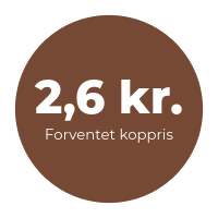 En cirkel med brun baggrund. I midten står der 2,6 kr, forventet koppris