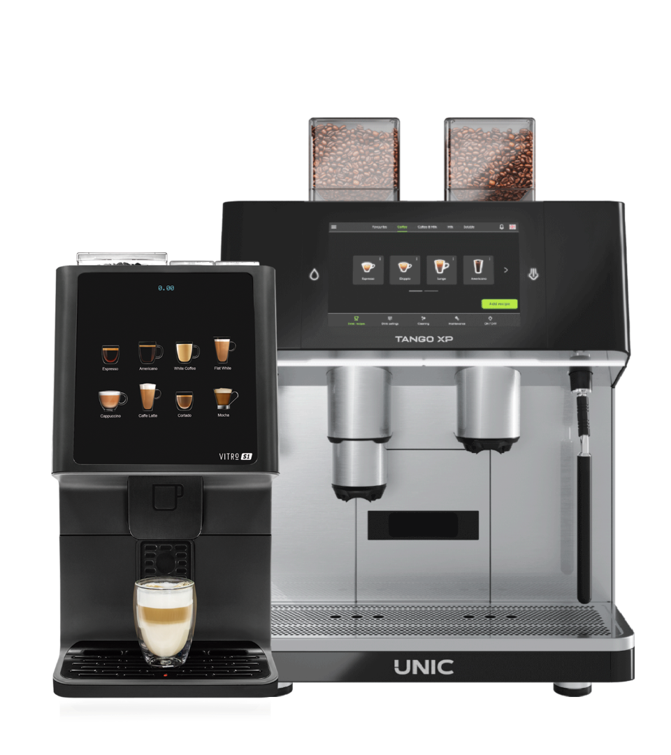 Billede af 2 fuldautomatiske kaffeautomater. Til venstre ses Vitro S1 og til højre ses Uniq Tango