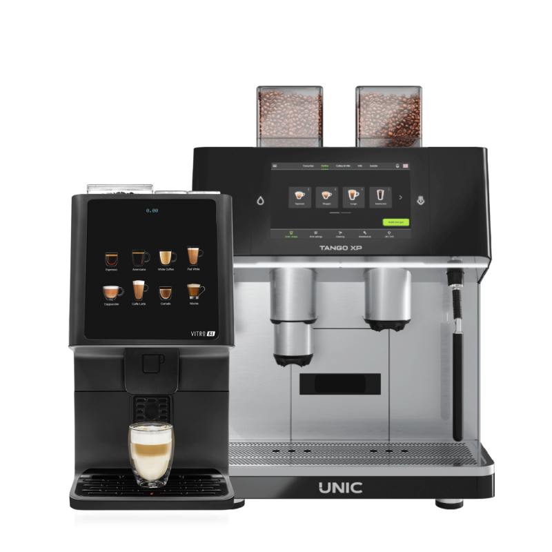 Billede af 2 fuldautomatiske kaffeautomater. Til venstre ses Vitro S1 og til højre ses Uniq Tango