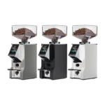 Eureka Specialita Smart kaffekværn vist i krom, sort og hvid med stor bønnebeholder og digitalt display.