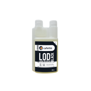En flaske med 500ml Cafetto LOD Black afkalkningsmiddel. Gennemsigtig dunk med sort label