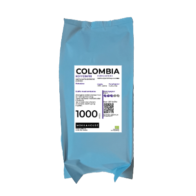 En blå pose med ved label med overskriften "Colombia koffeinfri"